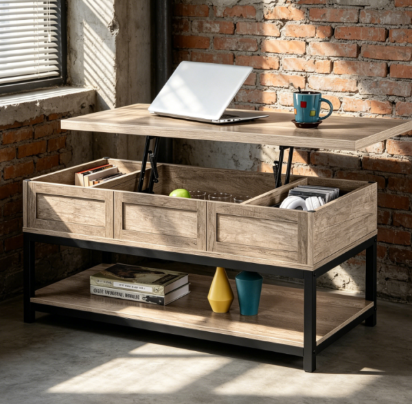 Lift Top Coffee Table with Hidden Compartment and Open Shelf, Metal Frame, Grey, Height Adjustable 18-23 in